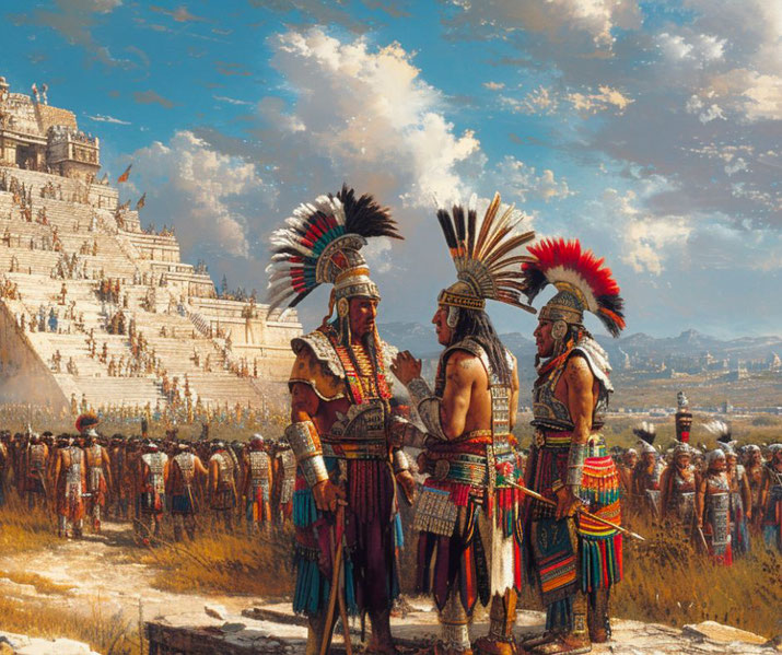 An artistic depiction of Aztec warriors wearing elaborate feathered headdresses and intricately decorated armor, standing in front of a grand stepped pyramid. The background shows a large assembly of warriors gathered in rows, while the pyramid, adorned with stairs and terraces, looms impressively against a backdrop of a partly cloudy sky and distant mountains.