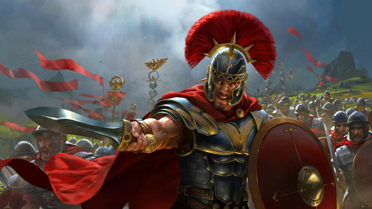 A dynamic and intense scene depicting a Roman centurion leading his legion into battle. The centurion, wearing a plumed helmet and armored chest plate, is at the forefront, shouting commands with a fierce expression. He holds a sword in one hand and a shield in the other. Behind him, rows of Roman soldiers, also in armor and red capes, march forward with raised shields and weapons. Red banners and standards wave in the background, while the sky is overcast, adding to the dramatic atmosphere of the battlefield.