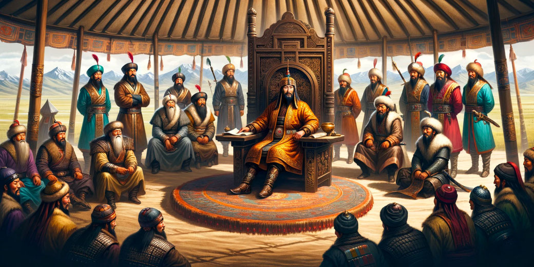 An elaborate painting of a Mongol leader, likely Genghis Khan, sitting on an ornate throne within a large, circular tent, known as a yurt. The leader, dressed in a golden robe and wearing a traditional fur-lined hat, is surrounded by advisors and warriors who are seated or standing in a semicircle around him. The attendees wear colorful robes and hats adorned with feathers, reflecting their ranks and roles. The interior of the yurt is decorated with carpets and intricate patterns, and the background shows a vast, mountainous landscape under a clear sky.